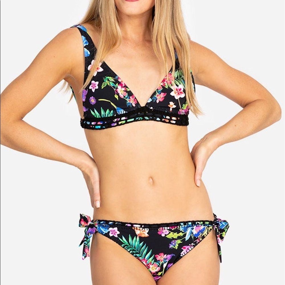 Johnny Was Caribbean Bikini Set Black Floral Embroidered Size Small